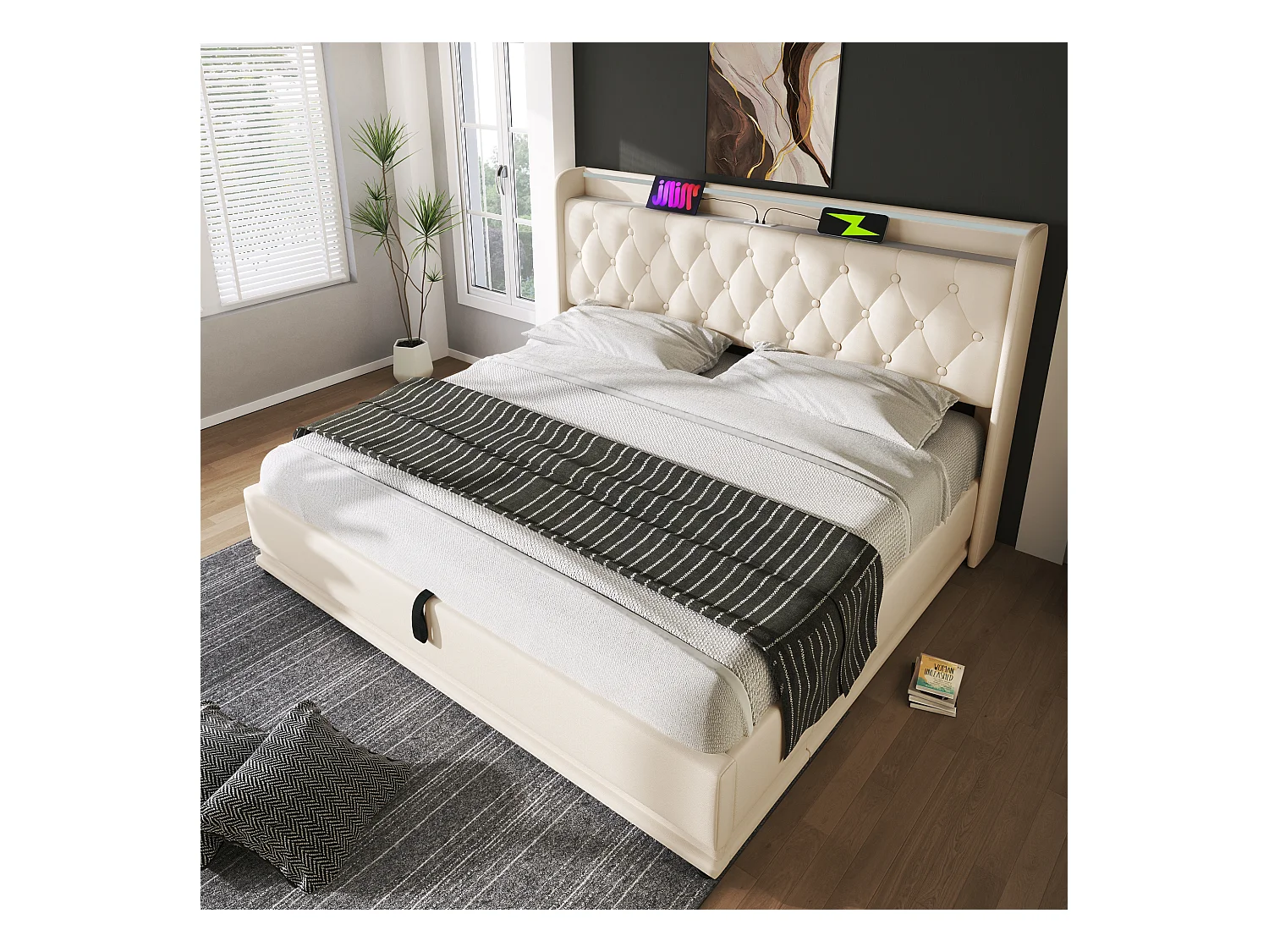 Lit coffre 180x200 cm - Lit double avec éclairage LED et recharge USB - PU blanc - sans matelas