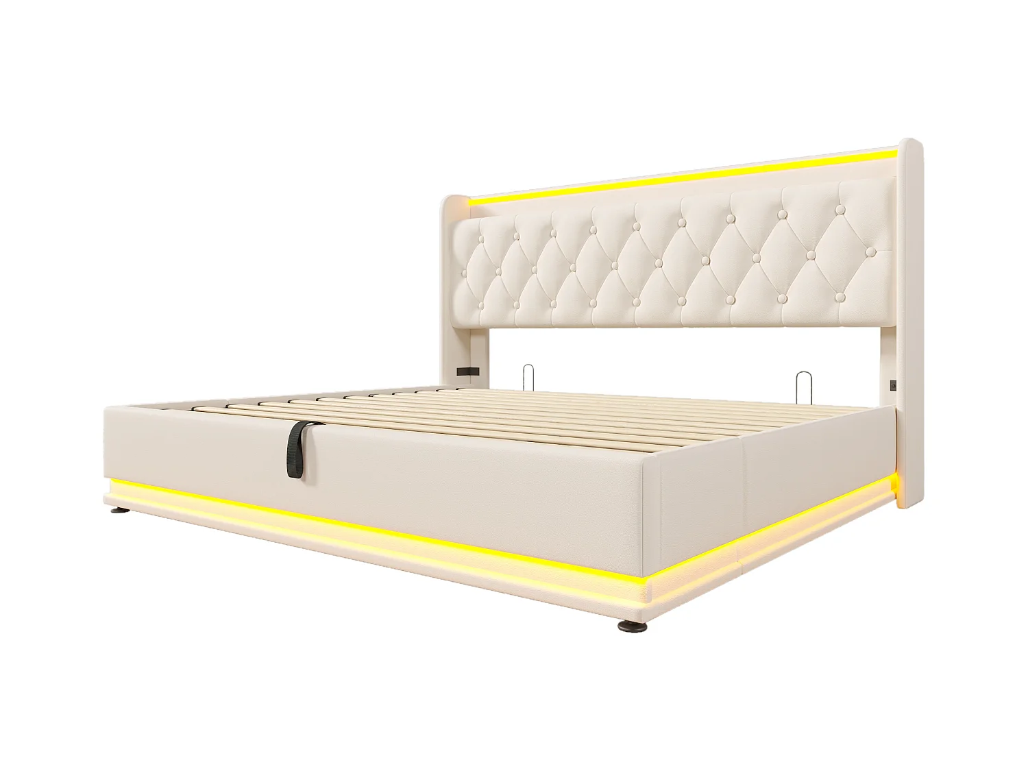 Lit coffre 180x200 cm - Lit double avec éclairage LED et recharge USB - PU blanc - sans matelas