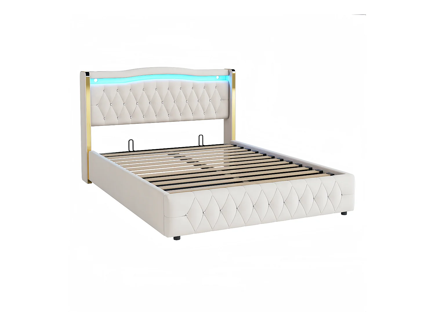 Lit coffre 160 x 200 cm - Lit adulte avec lumières LED et décoration diamant - velours beige - sans matelas
