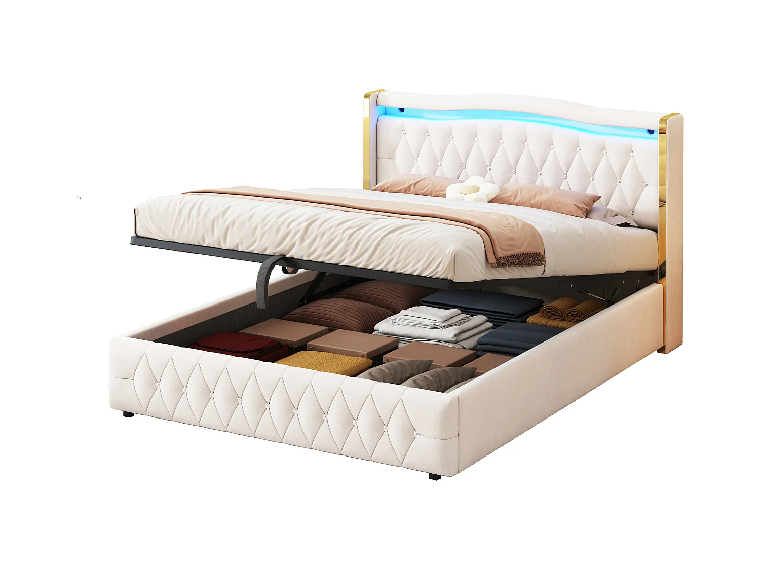 Lit coffre 160 x 200 cm - Lit adulte avec lumières LED et décoration diamant - velours beige - sans matelas