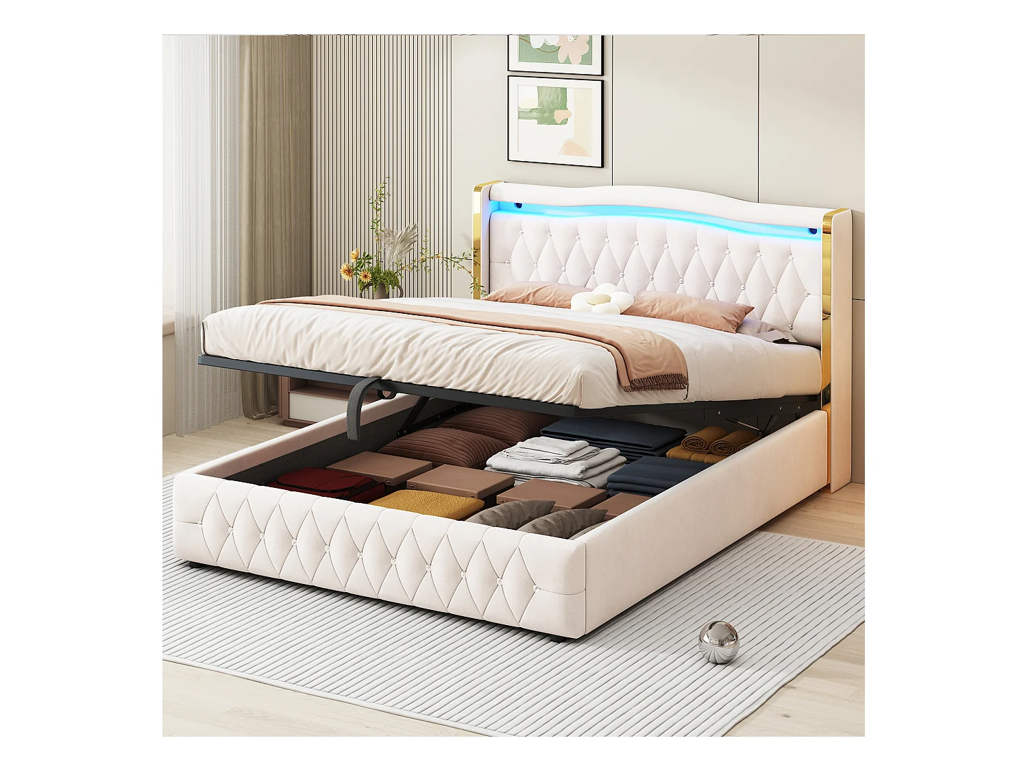 Cama con canapé 160 x 200 cm - Cama para adultos con luces LED y decoración de rombos - terciopelo beige - sin colchón