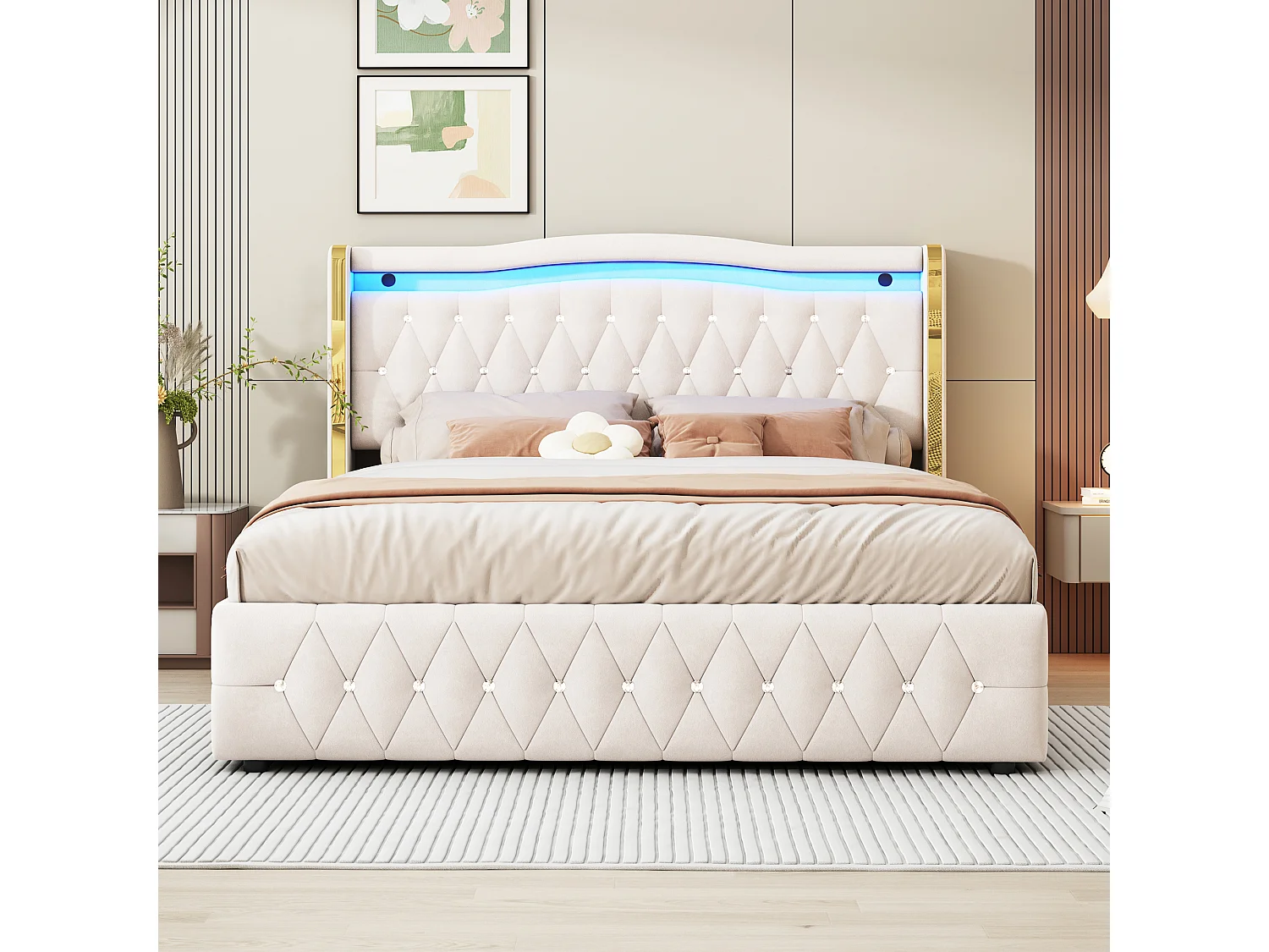 Stauraumbett 160 x 200 cm - Erwachsenenbett mit LED-Leuchten und Rautendekor - beigefarbener samt - ohne matratze