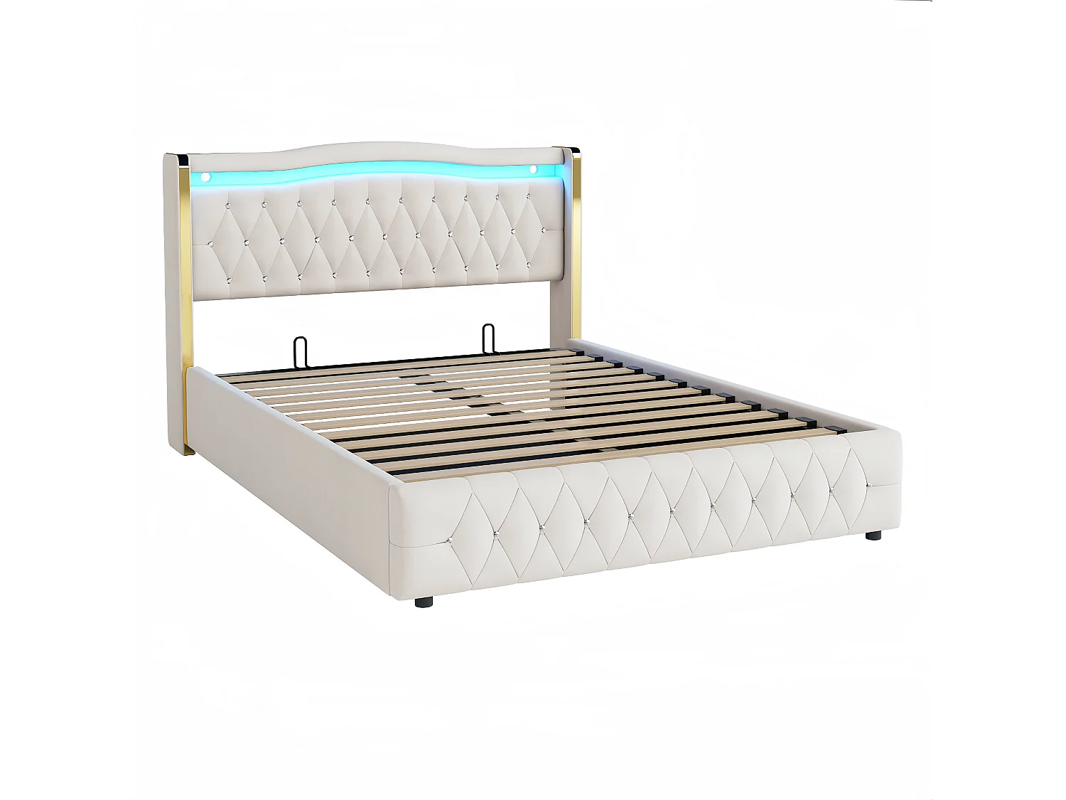 Stauraumbett 160 x 200 cm - Erwachsenenbett mit LED-Leuchten und Rautendekor - beigefarbener samt - ohne matratze