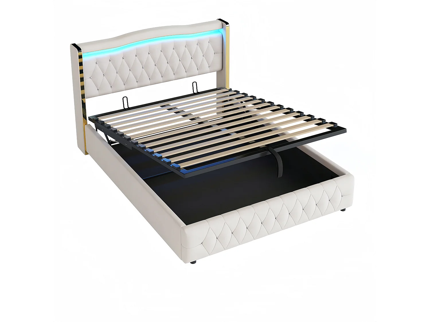 Stauraumbett 160 x 200 cm - Erwachsenenbett mit LED-Leuchten und Rautendekor - beigefarbener samt - ohne matratze