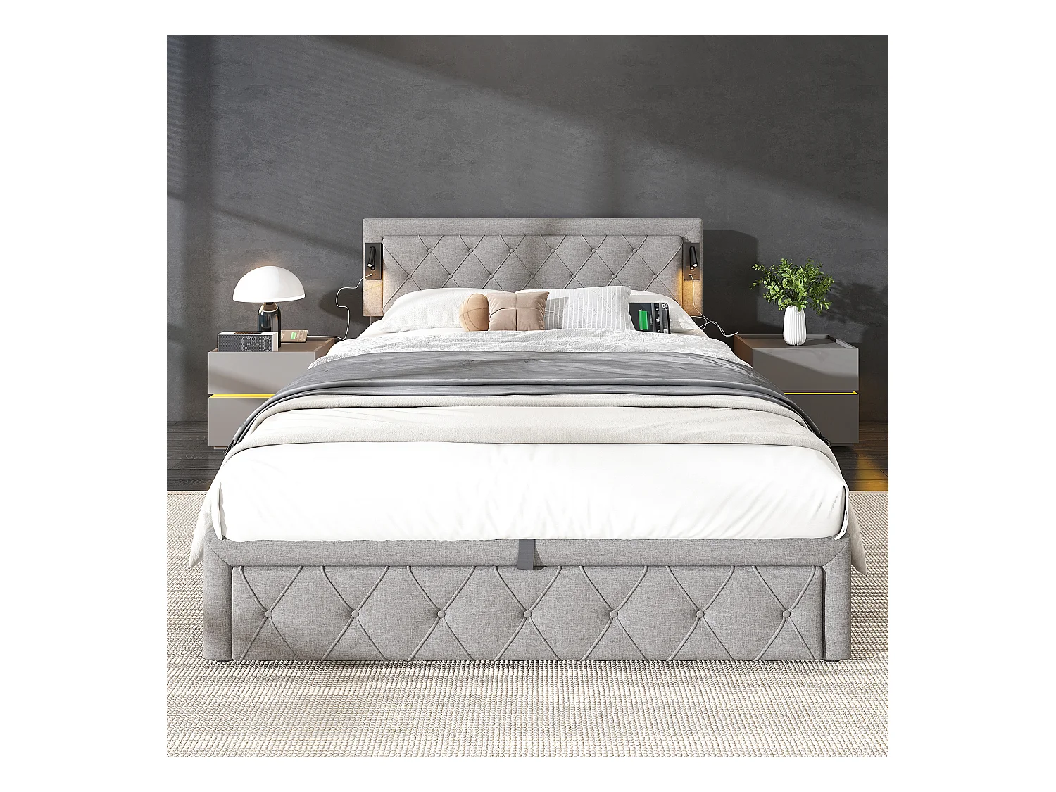 Cama con almacenaje 160x200 cm - Cama doble con luz de lectura y cargador USB - somier de láminas de madera - lino gris