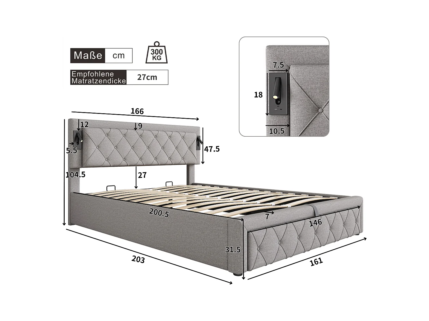 Cama con almacenaje 160x200 cm - Cama doble con luz de lectura y cargador USB - somier de láminas de madera - lino gris