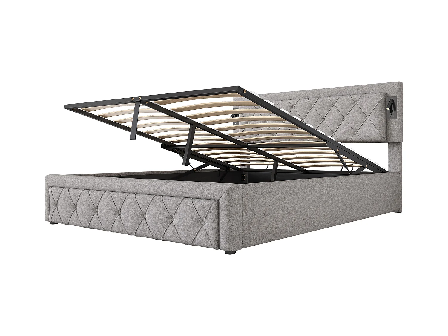 Cama con almacenaje 160x200 cm - Cama doble con luz de lectura y cargador USB - somier de láminas de madera - lino gris