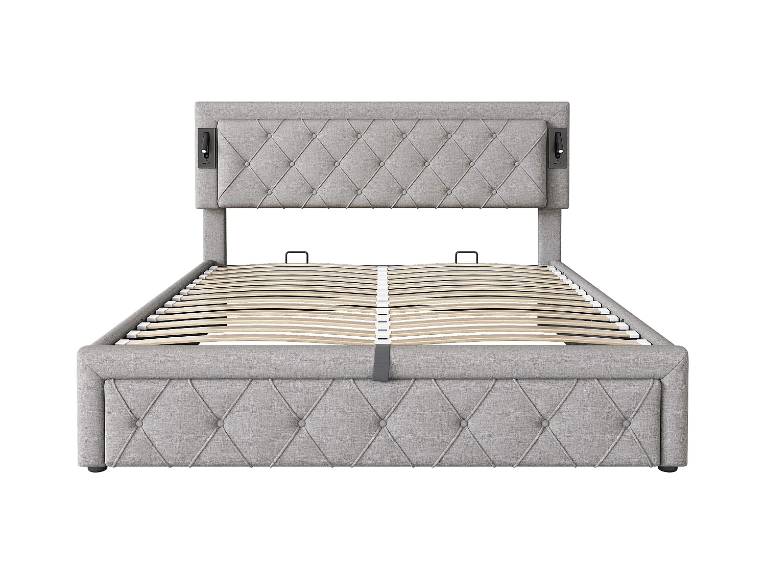 Cama con almacenaje 160x200 cm - Cama doble con luz de lectura y cargador USB - somier de láminas de madera - lino gris