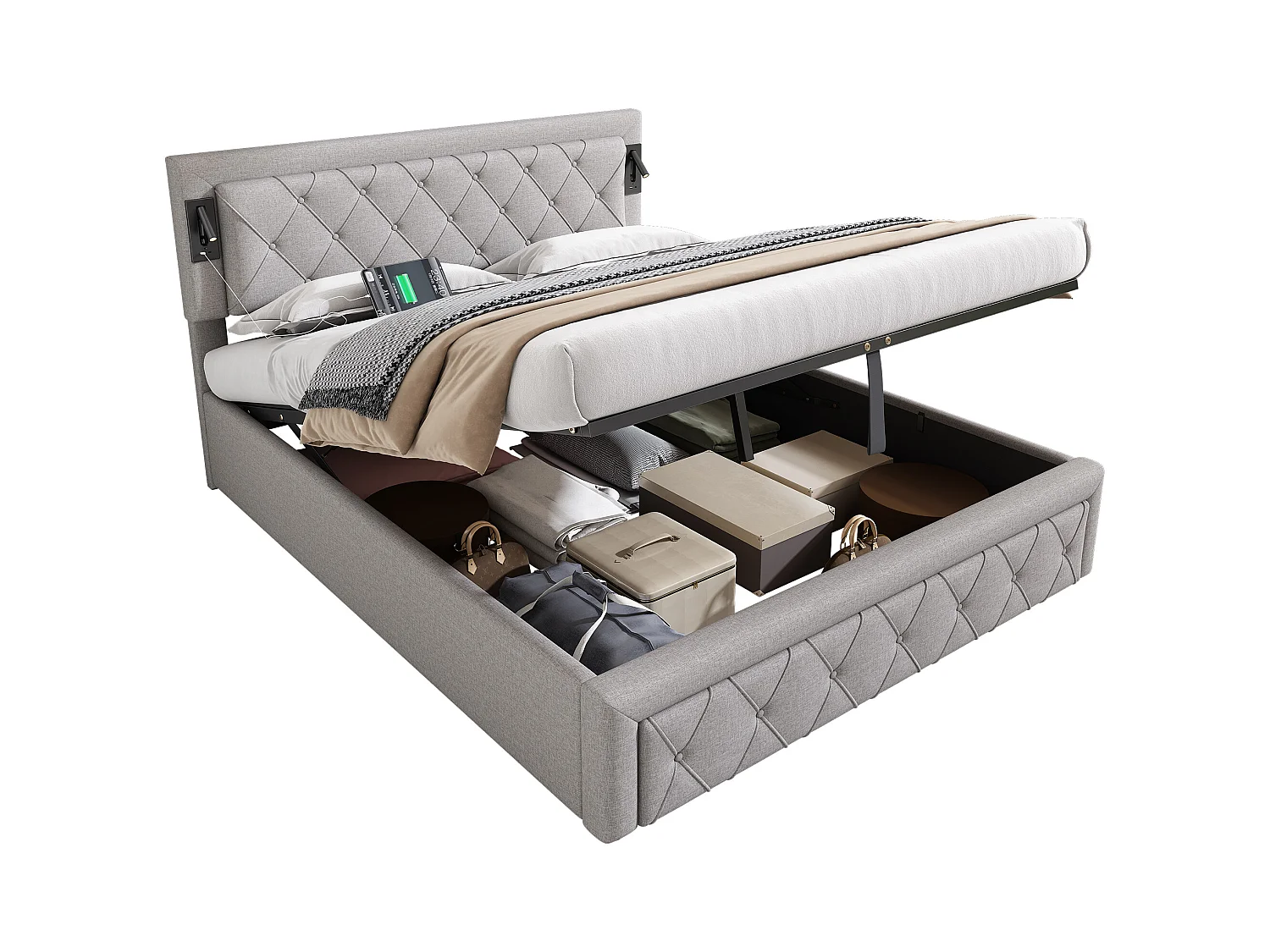 Cama con almacenaje 160x200 cm - Cama doble con luz de lectura y cargador USB - somier de láminas de madera - lino gris