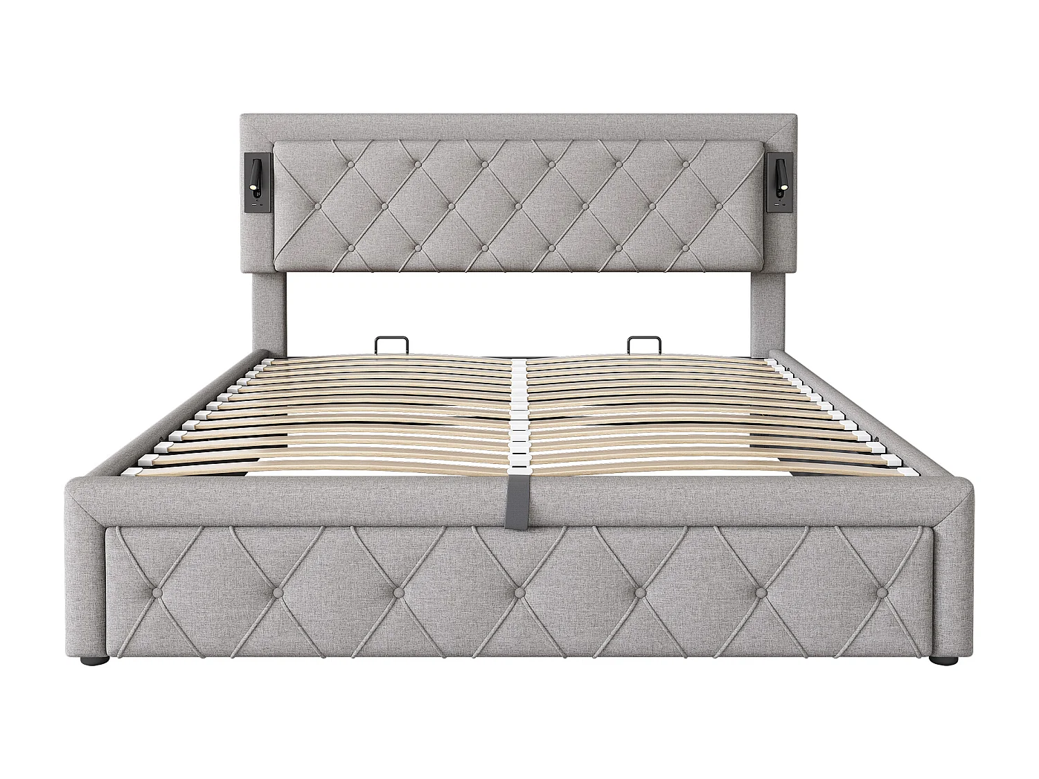 Lit coffre 160x200 cm - Lit double avec liseuse et chargeur USB - sommier à lattes en bois - lin gris