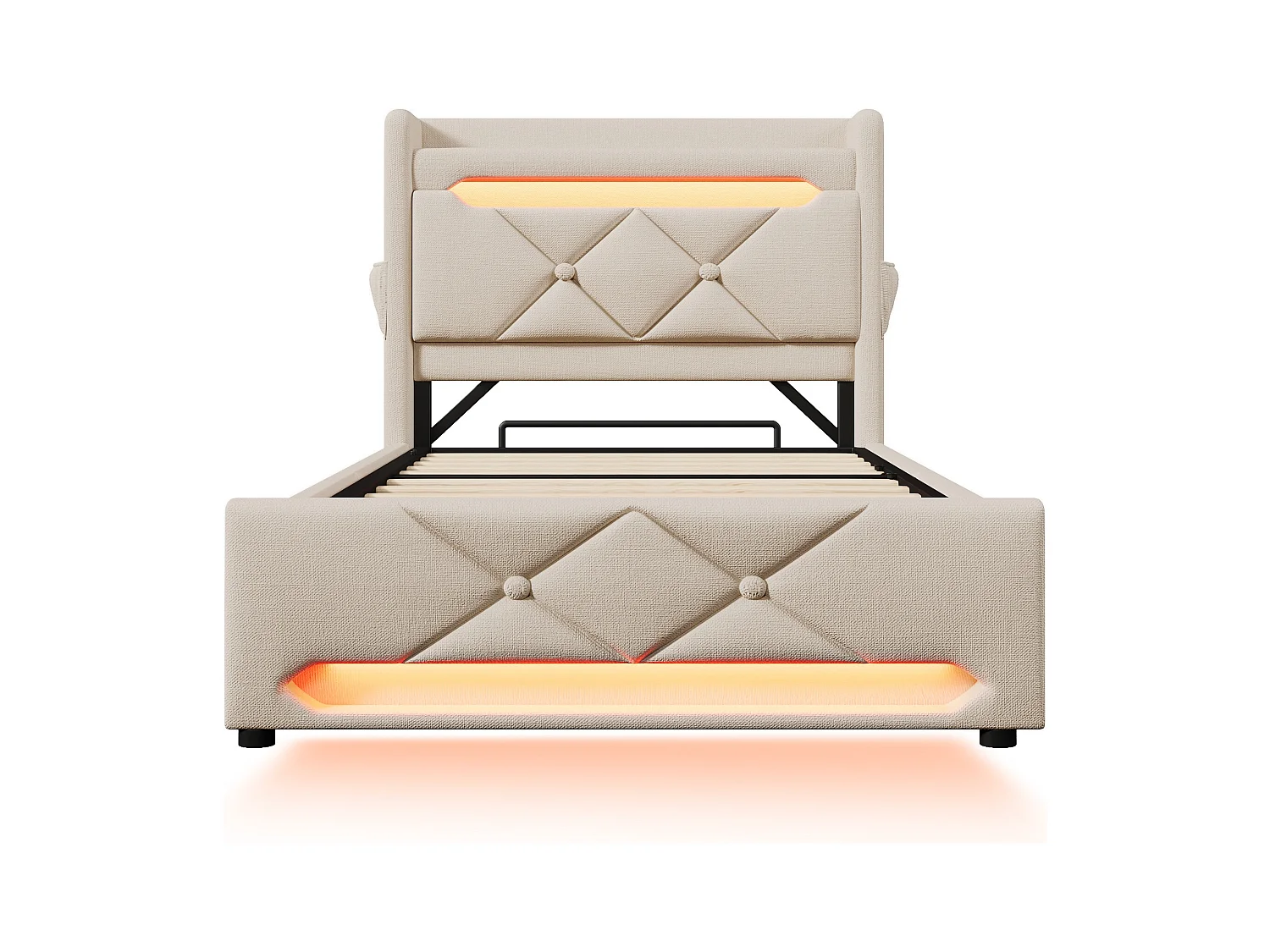 Lit coffre 90x200 cm - Lit adulte avec chargement USB et lumière LED - lin beige - sans matelas