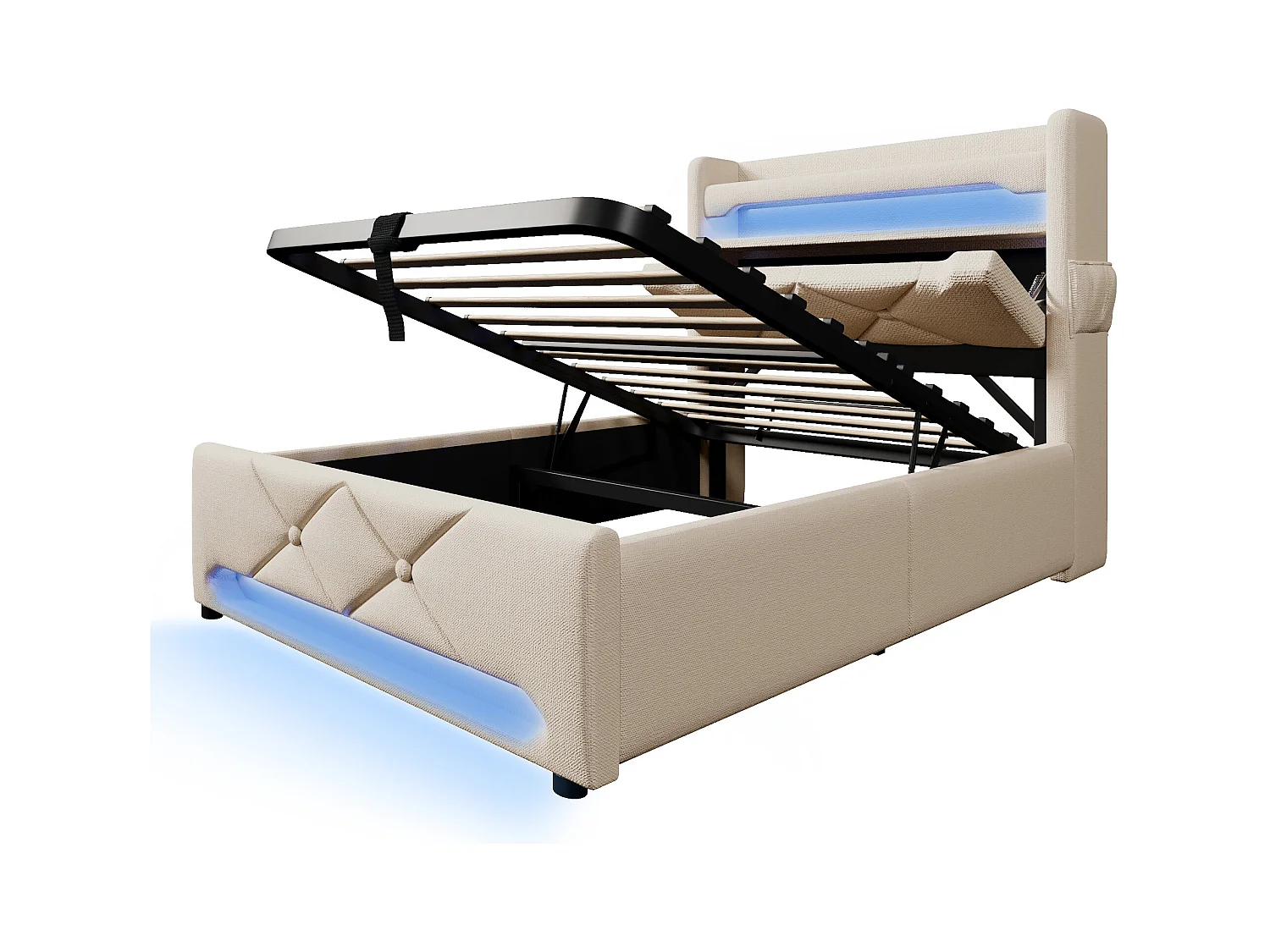 Lit coffre 90x200 cm - Lit adulte avec chargement USB et lumière LED - lin beige - sans matelas