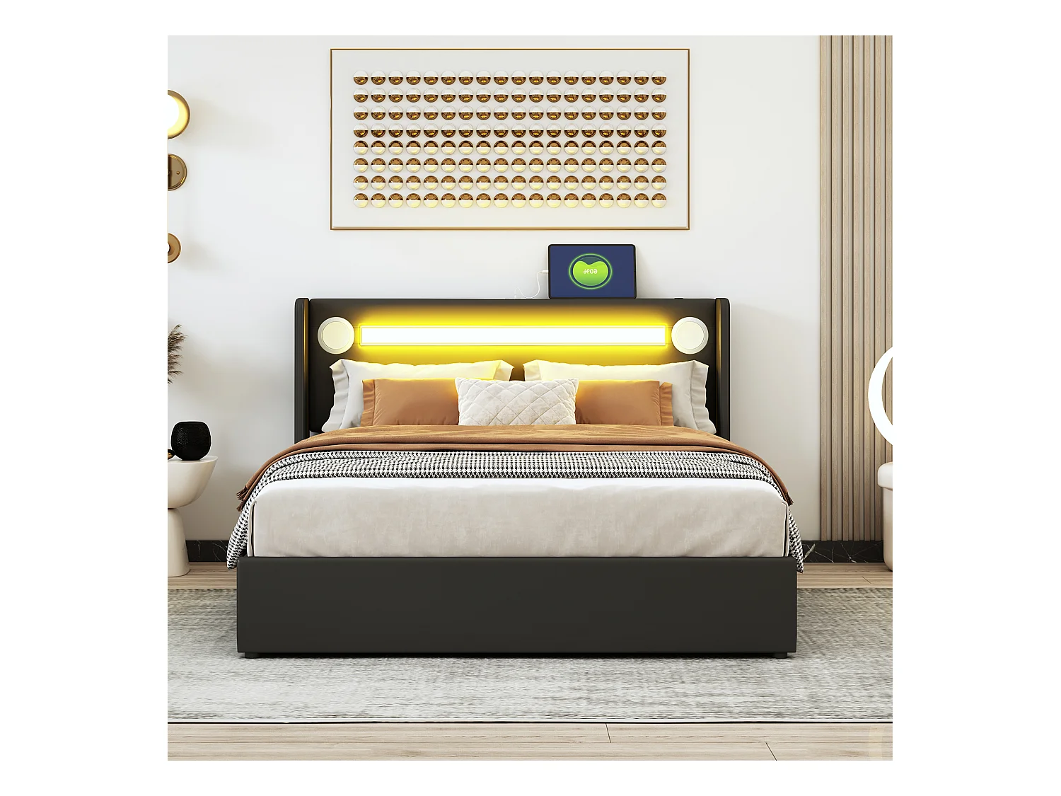 Lit coffre 140x200 cm - Lit adulte avec USB, lumière LED et lecteur Bluetooth - PU noir - sans matelas