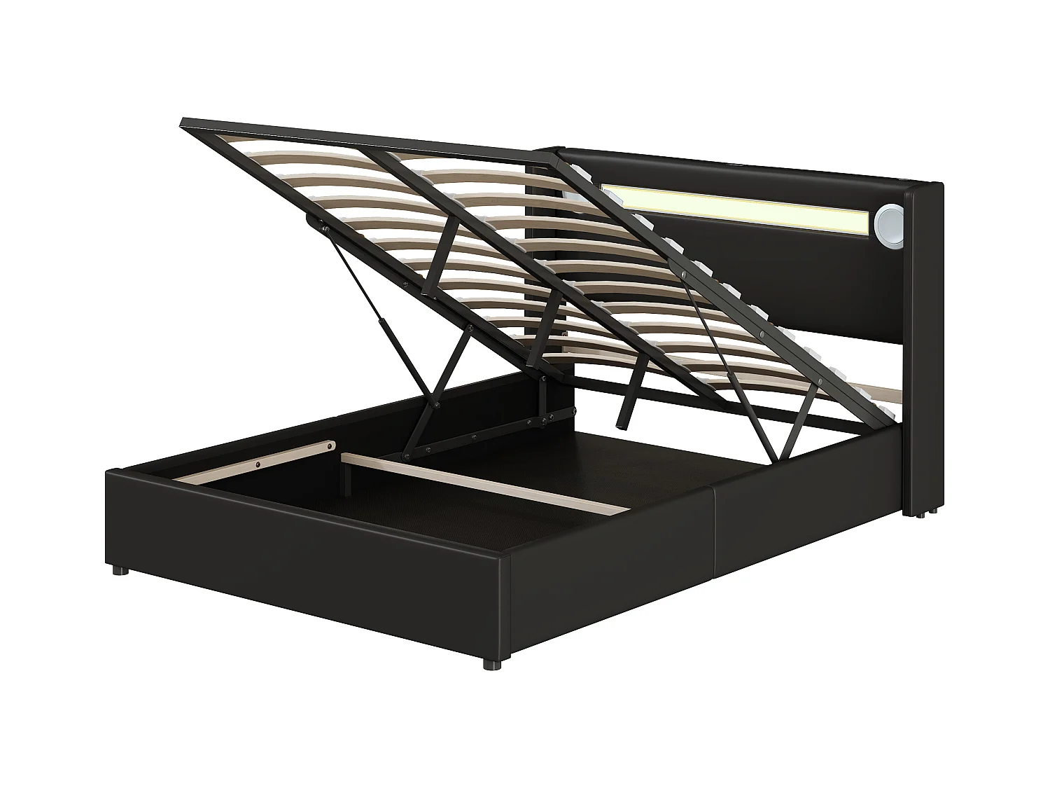 Lit coffre 140x200 cm - Lit adulte avec USB, lumière LED et lecteur Bluetooth - PU noir - sans matelas