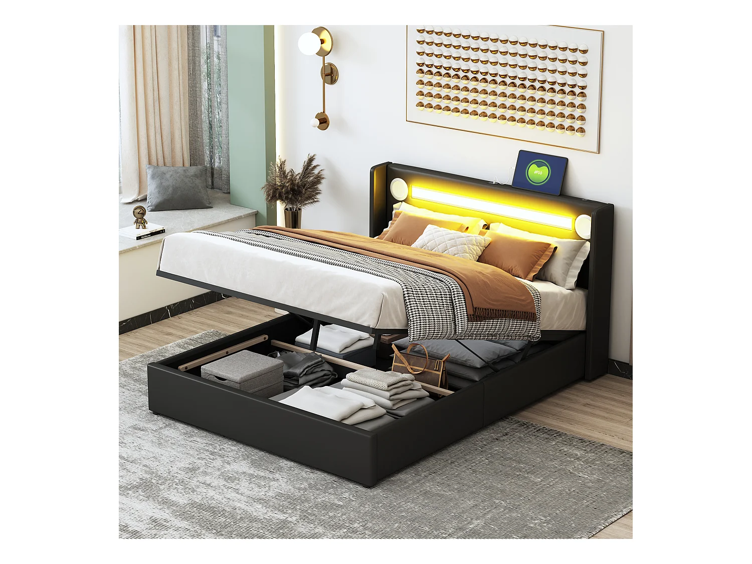 Cama con almacenaje 140x200 cm - Cama para adultos con USB, luz LED y reproductor Bluetooth - PU negro - sin colchón
