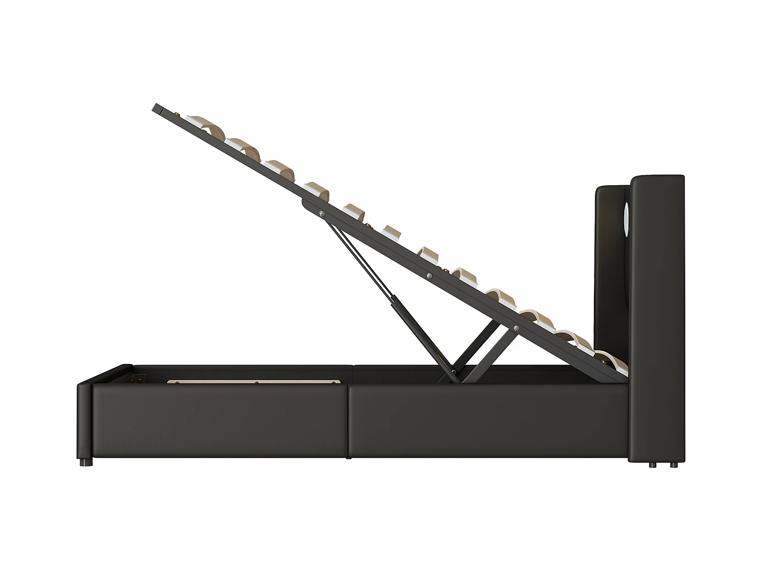 Lit coffre 90x200 cm - Lit ado avec USB, lumière LED et lecteur Bluetooth - PU noir - sans matelas