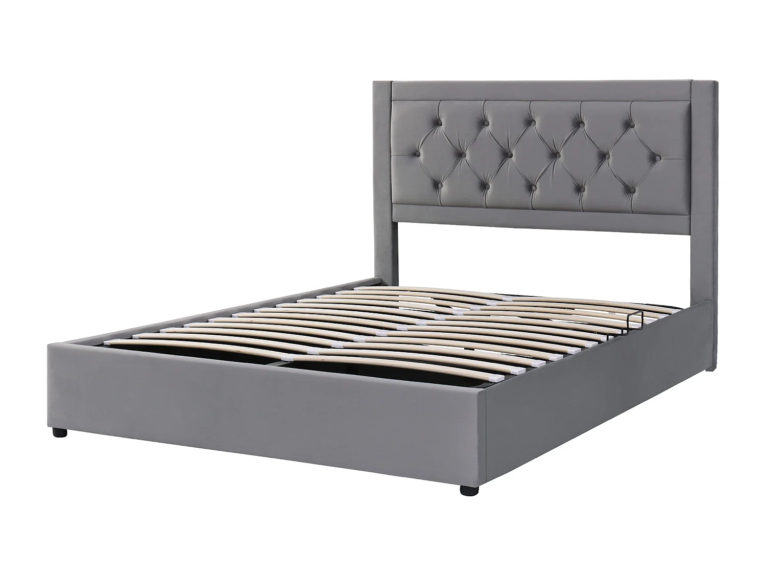 Cama com gavetas 140x200 cm - Cama de adulto com estofos Cabeceira e estrado de ripas - Estilo Chesterfield - Veludo cinzento