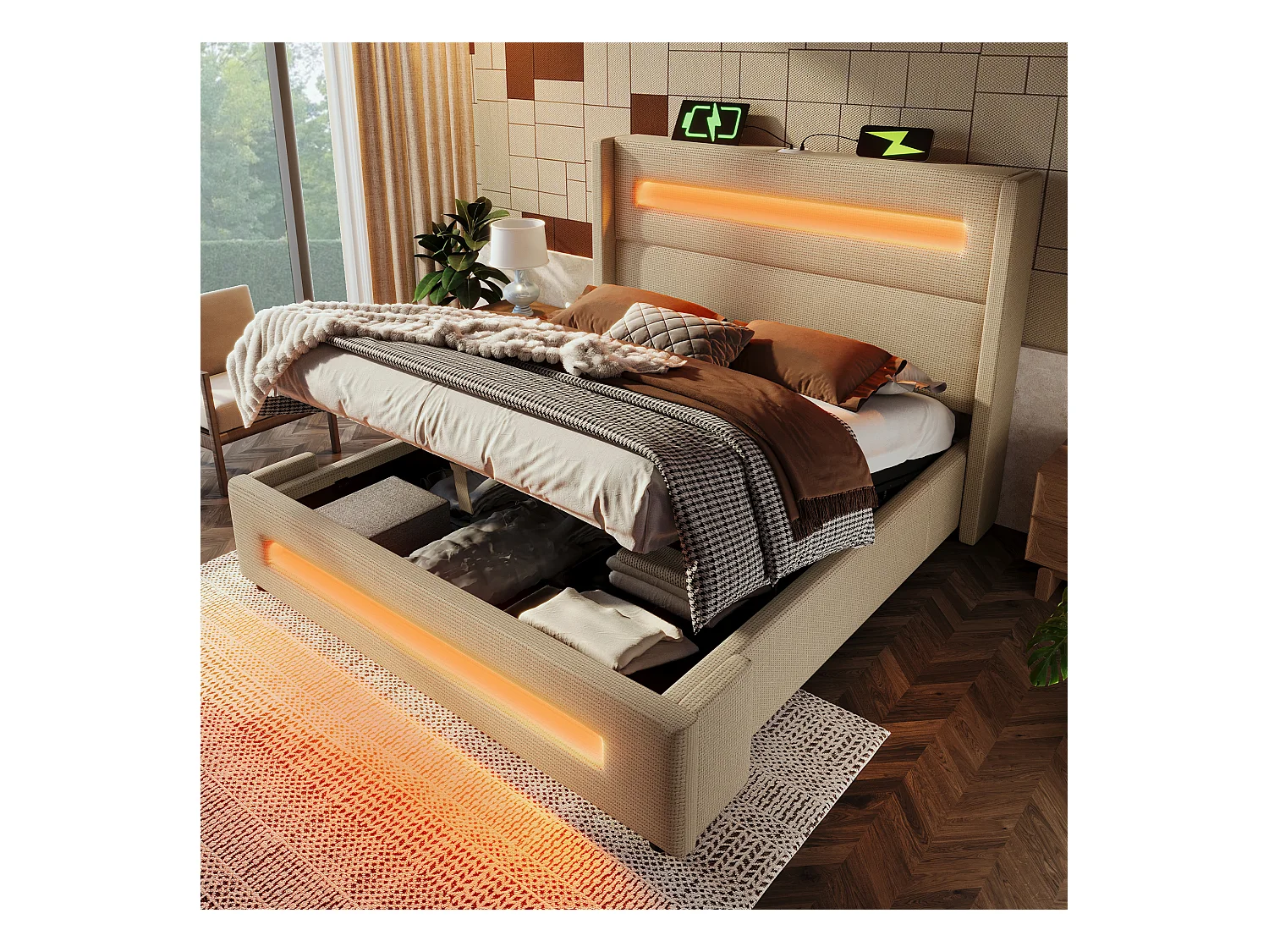 Lit coffre 160x200 cm - Lit adulte avec chargement USB et éclairage LED - lin beige - sans matelas