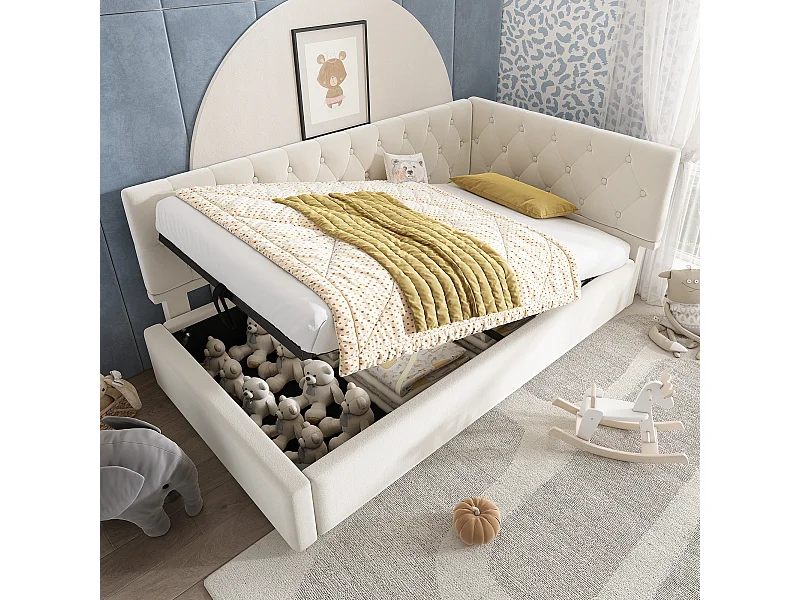 Lit coffre 90x200cm - Lit enfant avec dossier et sommier à lattes en bois - velours beige - sans matelas