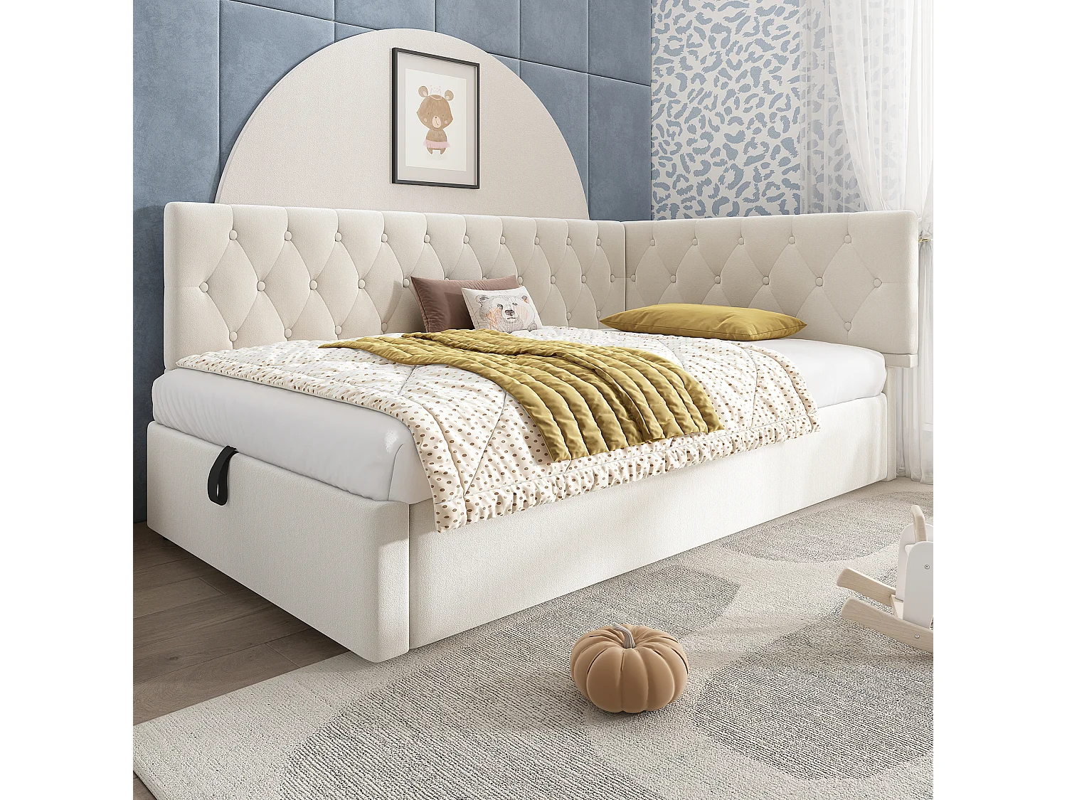 Lit coffre 90x200cm - Lit enfant avec dossier et sommier à lattes en bois - velours beige - sans matelas