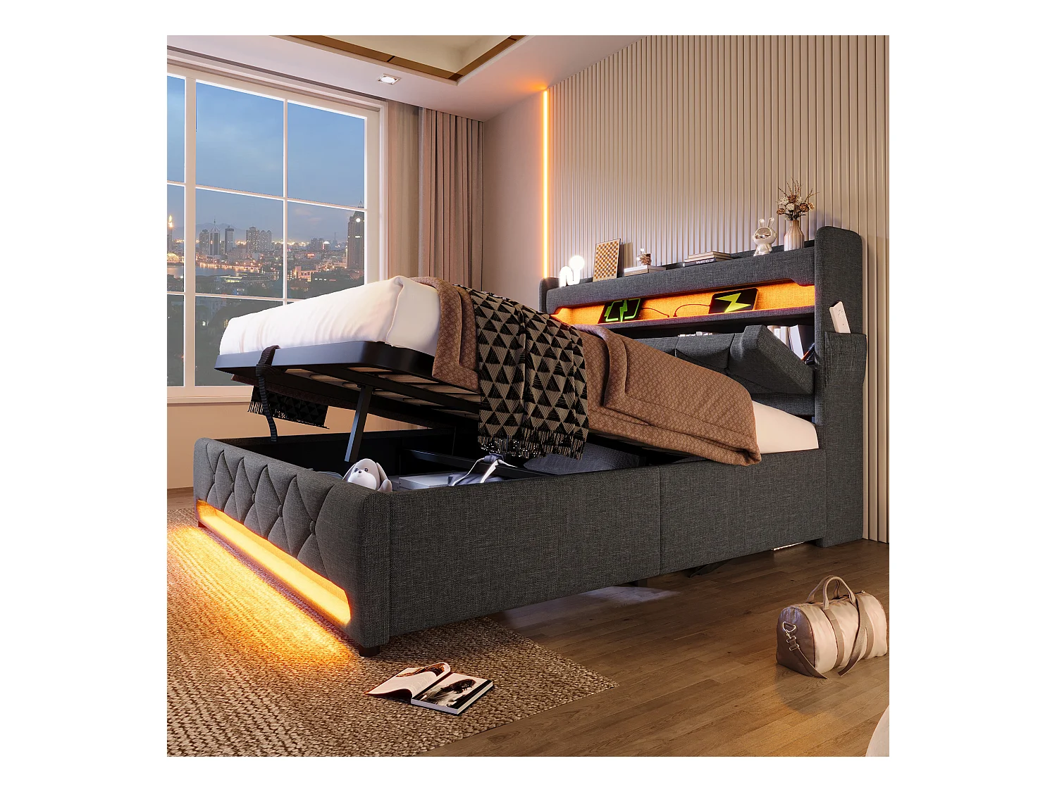 Lit coffre 140x200 cm - Lit adulte avec chargement USB et lumière LED - lin gris - sans matelas