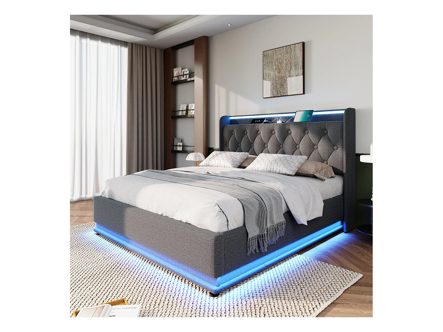 Lit coffre 180x200 cm - Lit double avec éclairage LED et recharge USB - lin gris - sans matelas