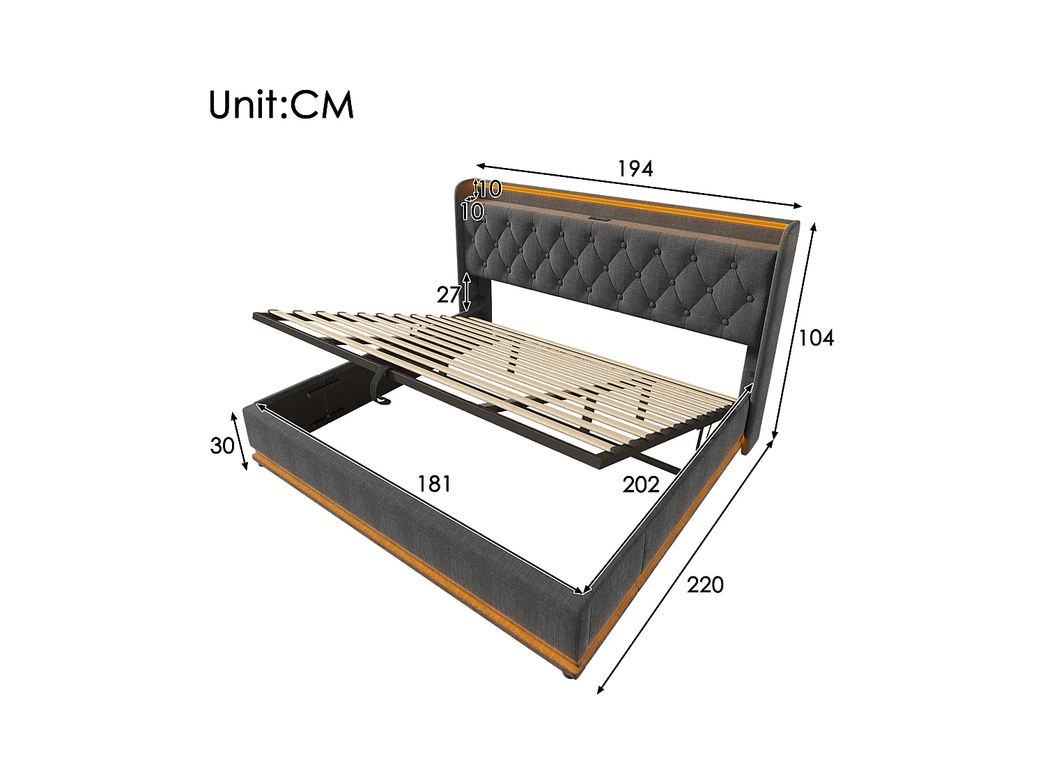 Lit coffre 180x200 cm - Lit double avec éclairage LED et recharge USB - lin gris - sans matelas
