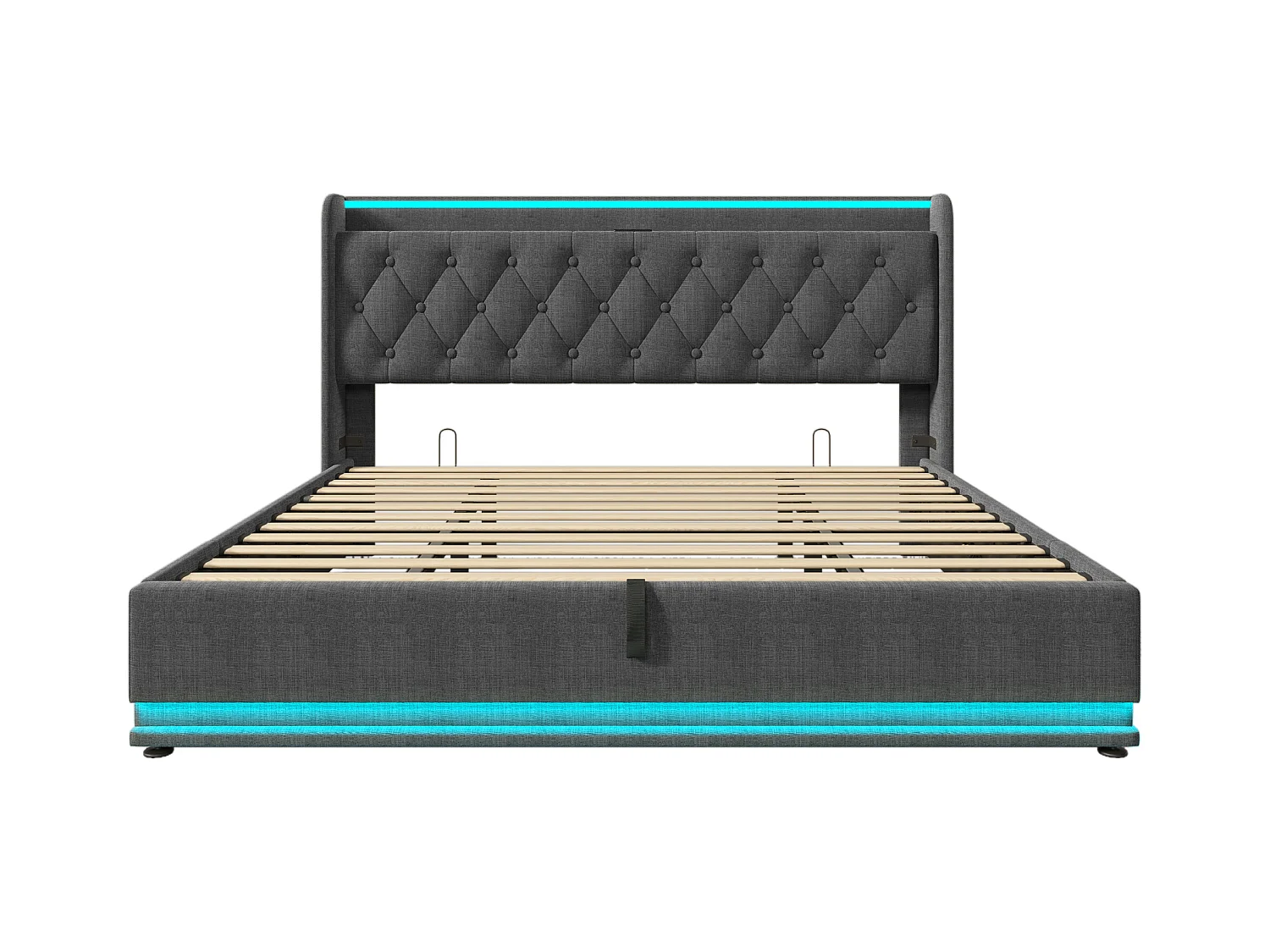 Lit coffre 180x200 cm - Lit double avec éclairage LED et recharge USB - lin gris - sans matelas