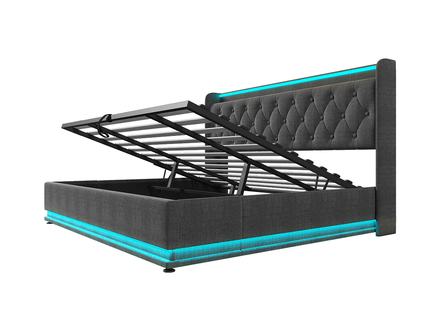 Lit coffre 180x200 cm - Lit double avec éclairage LED et recharge USB - lin gris - sans matelas