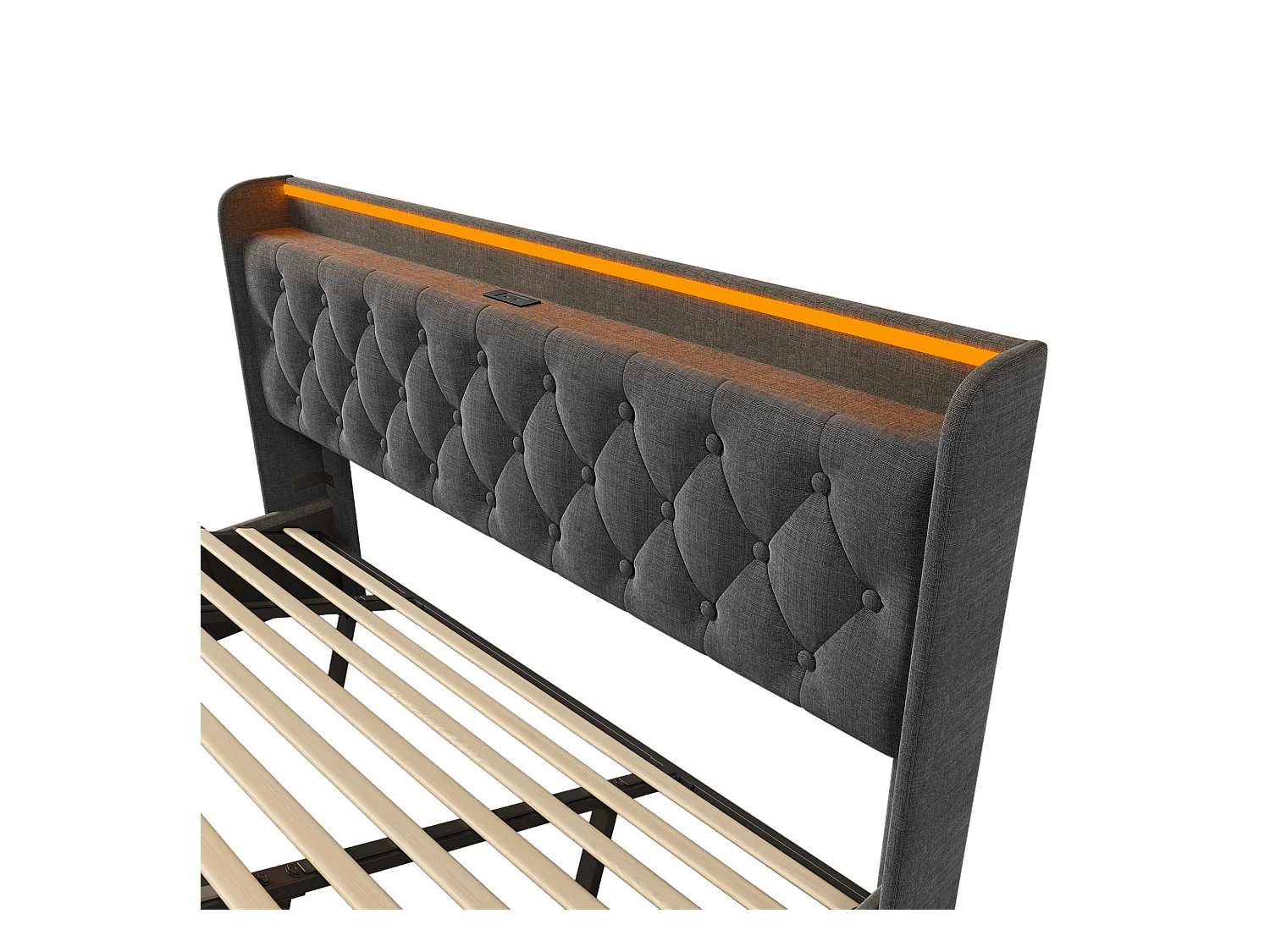 Lit coffre 180x200 cm - Lit double avec éclairage LED et recharge USB - lin gris - sans matelas