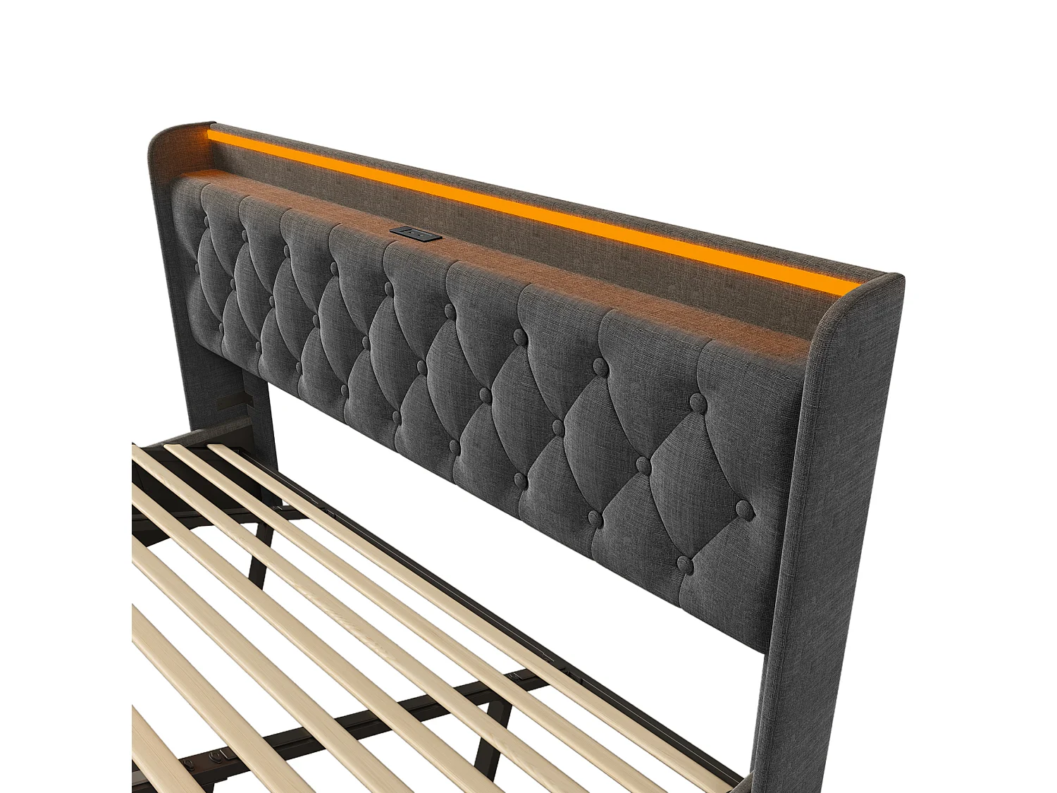 Cama com arrumação 180x200 cm - Cama de casal com iluminação LED e carregamento USB - linho cinzento - sem colchão