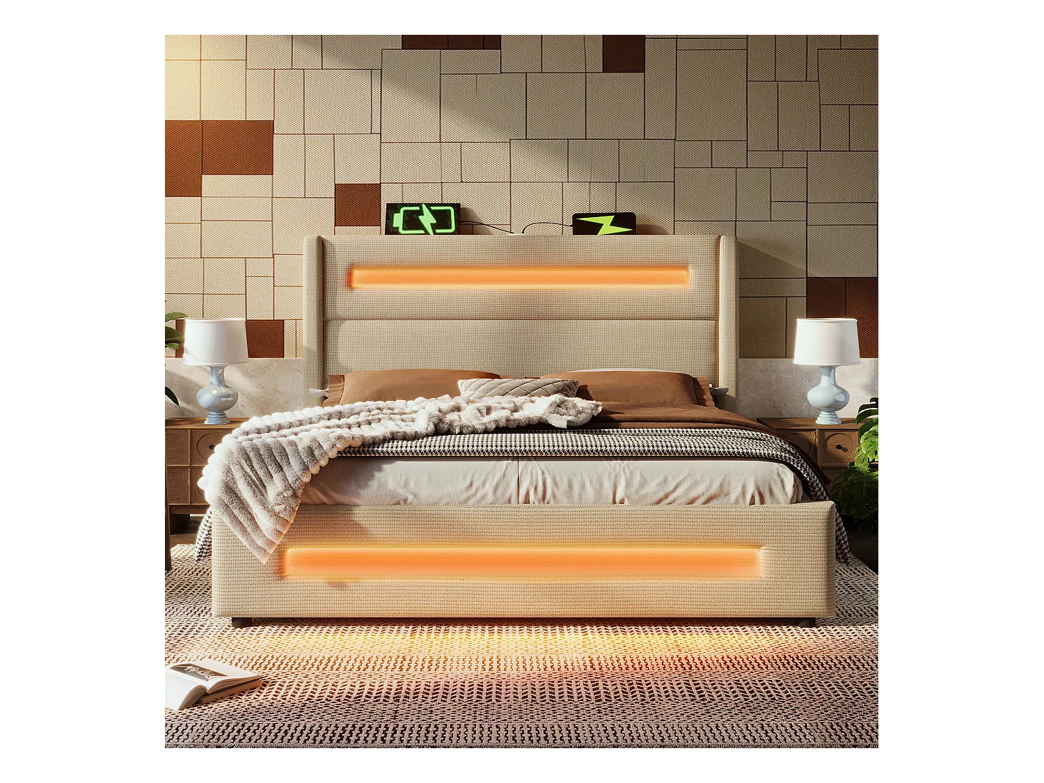 Lit coffre 140x200 cm - Lit adulte avec chargement USB et éclairage LED - lin beige - sans matelas