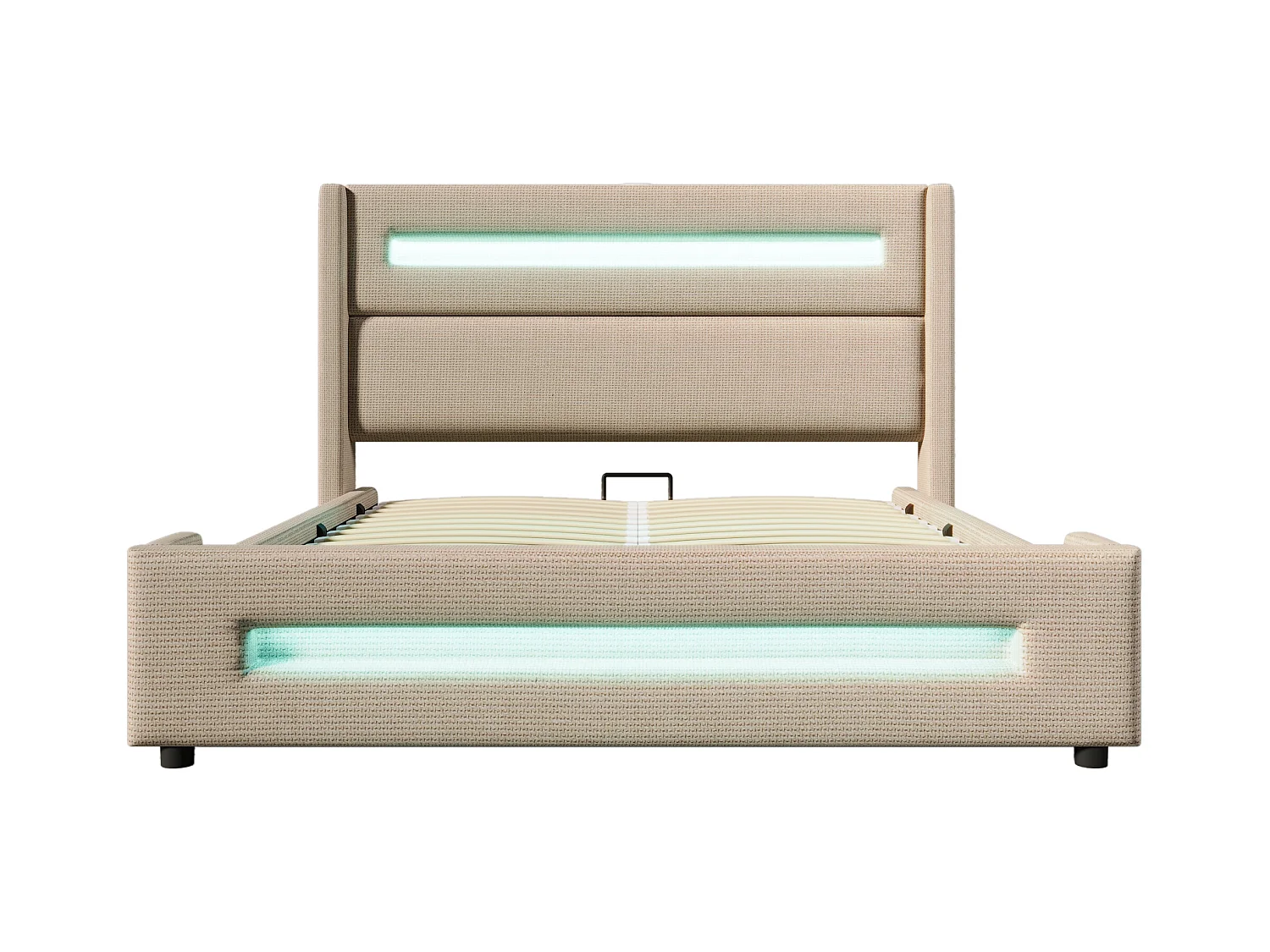 Lit coffre 140x200 cm - Lit adulte avec chargement USB et éclairage LED - lin beige - sans matelas