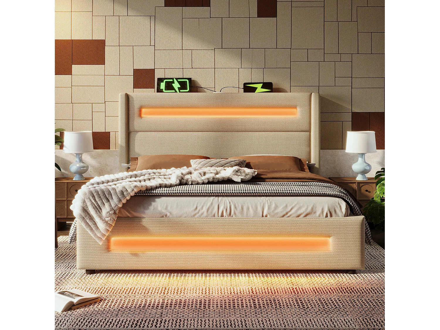 Cama com arrumação 140x200cm - Cama de adulto com carregamento USB e iluminação LED - Linho bege - sem colchão