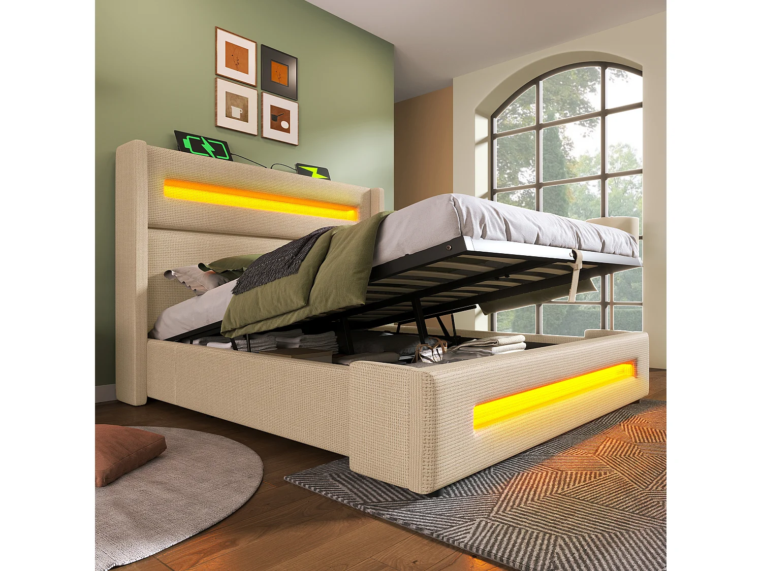 Cama com arrumação 140x200cm - Cama de adulto com carregamento USB e iluminação LED - Linho bege - sem colchão