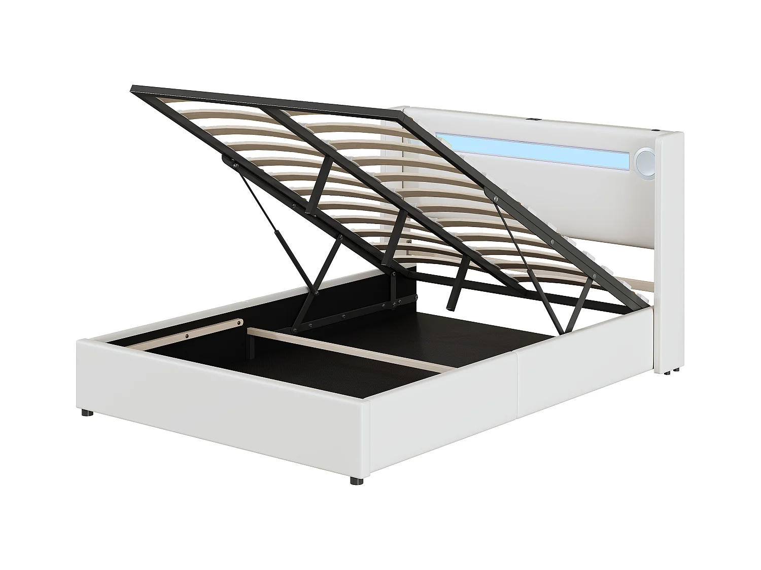 Lit coffre 140x200 cm - Lit adulte avec USB, lumière LED et lecteur Bluetooth - PU blanc - sans matelas