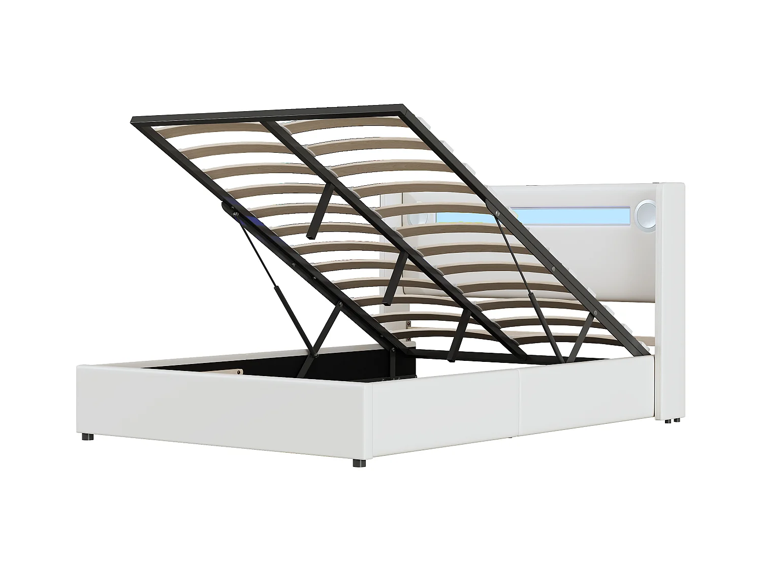 Lit coffre 140x200 cm - Lit adulte avec USB, lumière LED et lecteur Bluetooth - PU blanc - sans matelas
