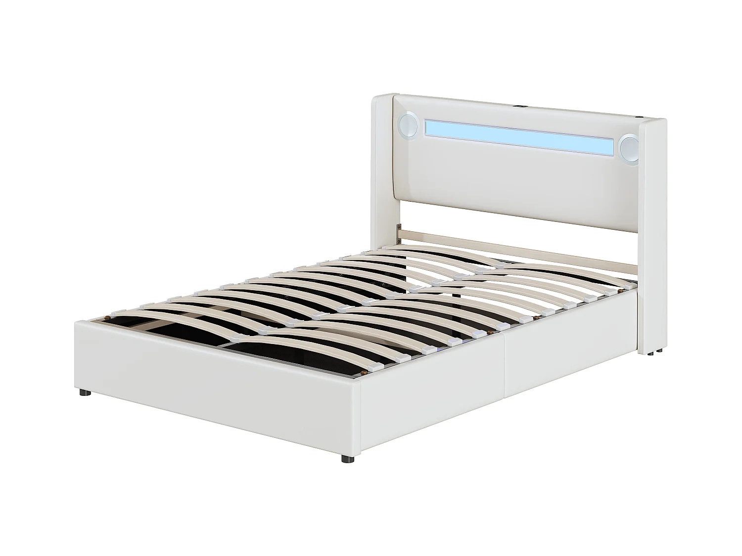 Lit coffre 140x200 cm - Lit adulte avec USB, lumière LED et lecteur Bluetooth - PU blanc - sans matelas