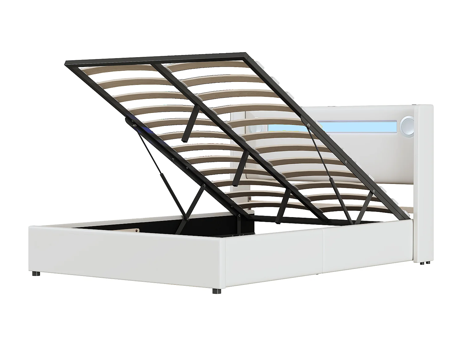 Lit coffre 140x200 cm - Lit adulte avec USB, lumière LED et lecteur Bluetooth - PU blanc - sans matelas