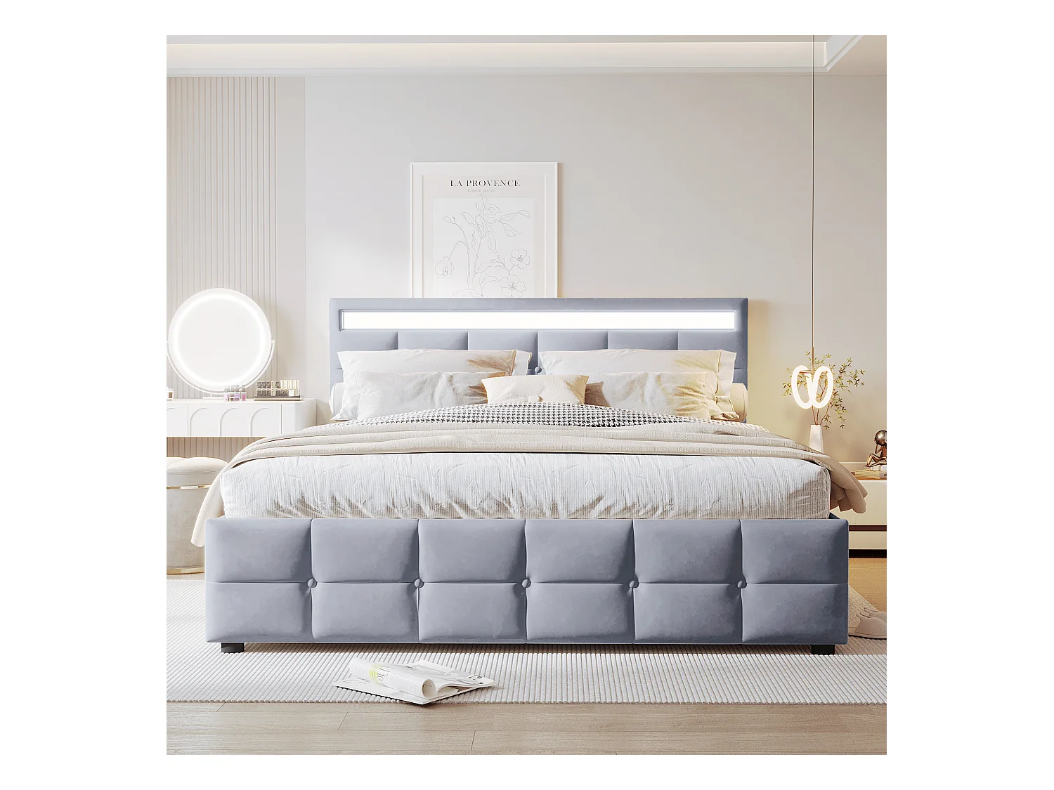 Cama com arrumação 180 x 200 cm - Cama de adulto com iluminação LED e estrado de ripas - veludo cinzento - sem colchão