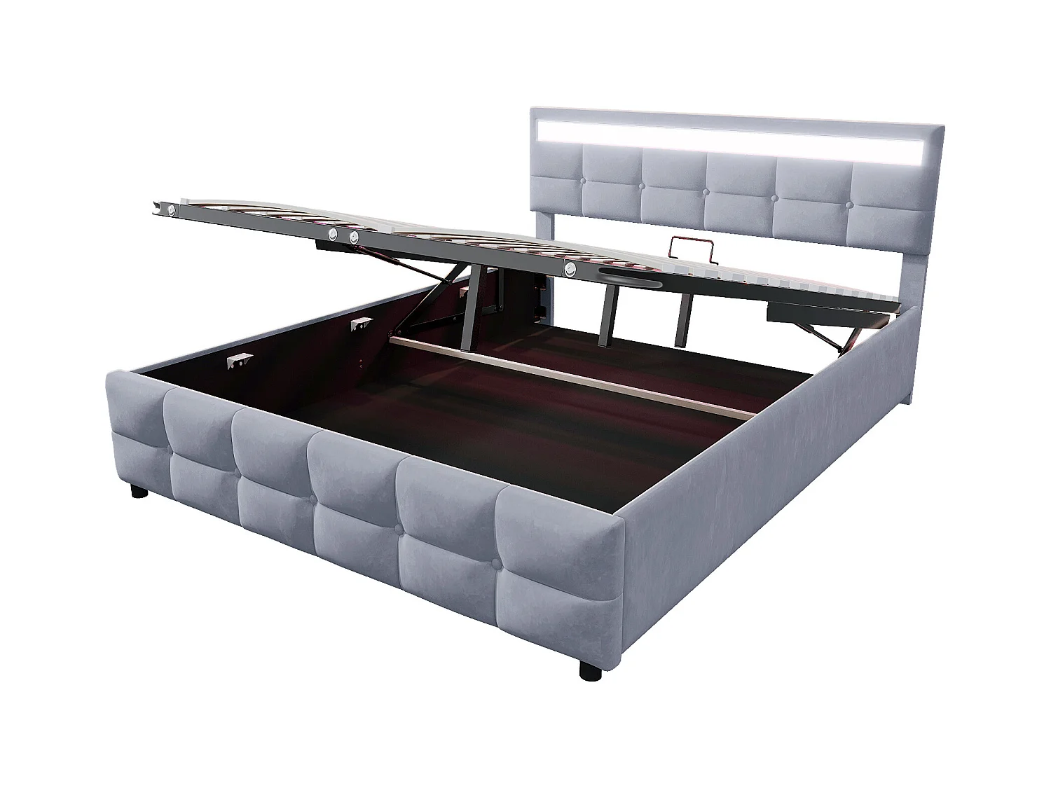 Cama com arrumação 180 x 200 cm - Cama de adulto com iluminação LED e estrado de ripas - veludo cinzento - sem colchão