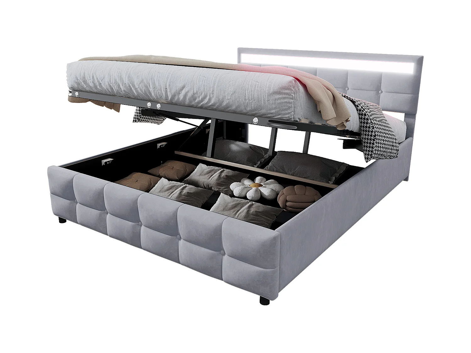 Cama com arrumação 180 x 200 cm - Cama de adulto com iluminação LED e estrado de ripas - veludo cinzento - sem colchão