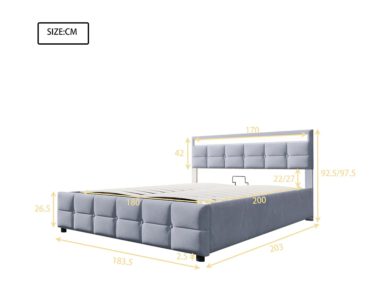 Cama con canapé 180x200 cm - Cama para adultos con iluminación LED y somier de láminas - terciopelo gris - sin colchón