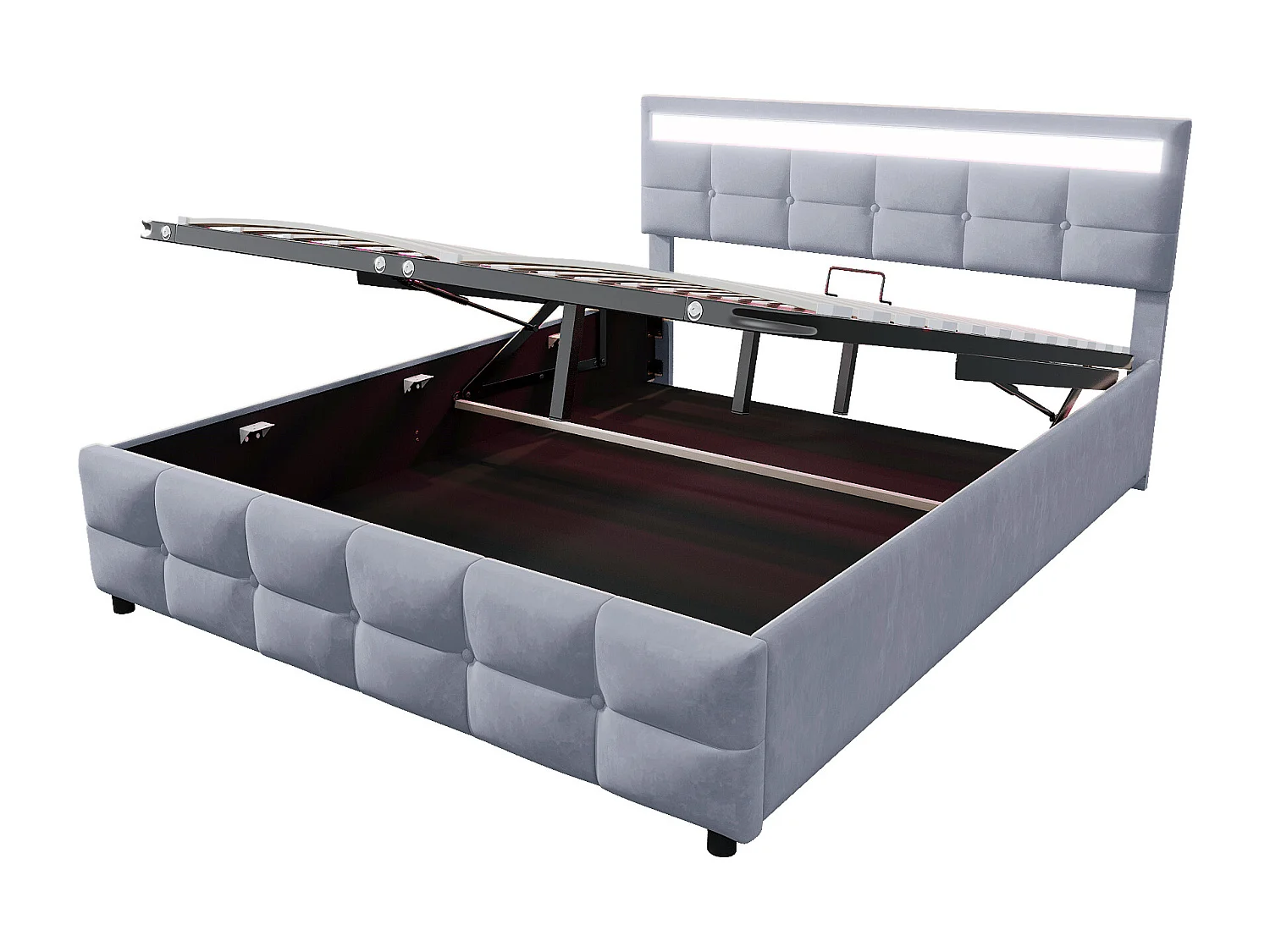 Cama con canapé 180x200 cm - Cama para adultos con iluminación LED y somier de láminas - terciopelo gris - sin colchón