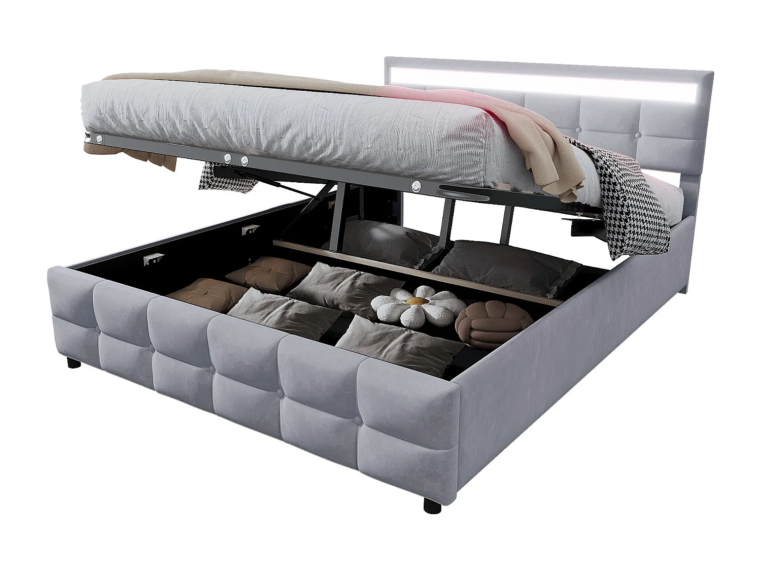 Cama con canapé 180x200 cm - Cama para adultos con iluminación LED y somier de láminas - terciopelo gris - sin colchón