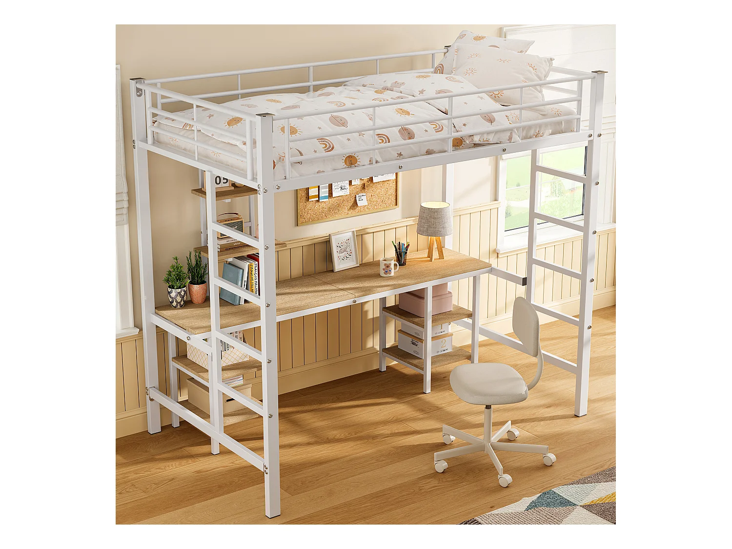 Lit mezzanine 90x200 cm - Lit ado avec échelle latérale et étagères - barrières de sécurité - métal blanc