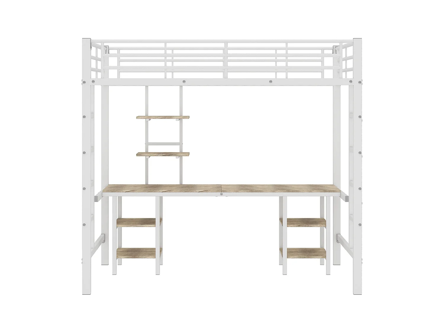 Lit mezzanine 90x200 cm - Lit ado avec échelle latérale et étagères - barrières de sécurité - métal blanc