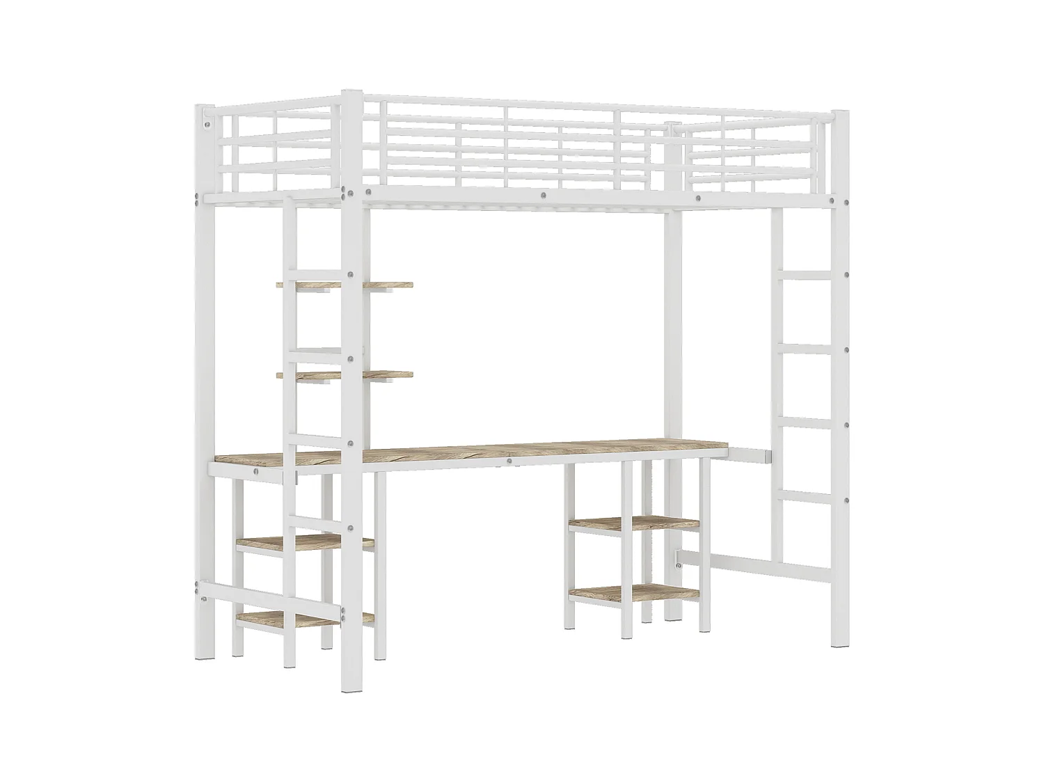 Lit mezzanine 90x200 cm - Lit ado avec échelle latérale et étagères - barrières de sécurité - métal blanc