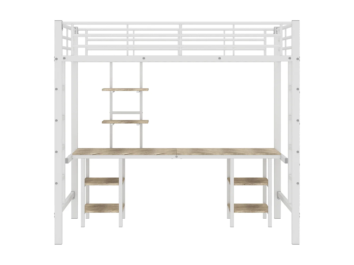 Lit mezzanine 90x200 cm - Lit ado avec échelle latérale et étagères - barrières de sécurité - métal blanc