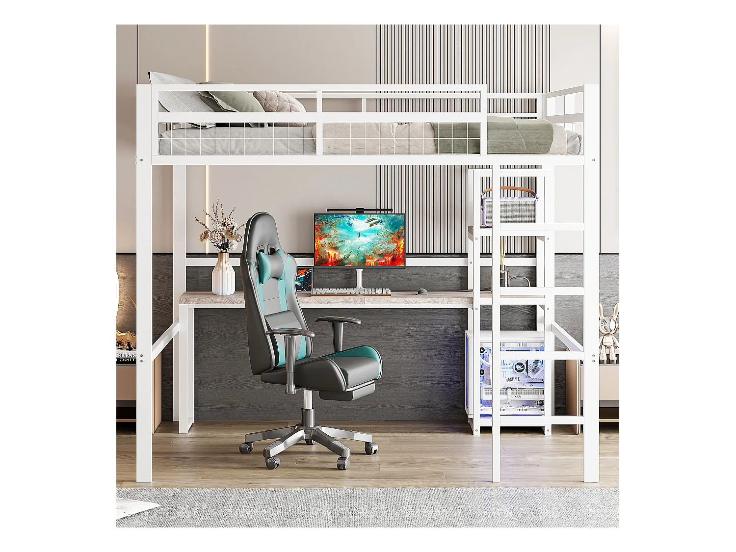 Hochbett 140 x 200 cm - Einzelbett mit Treppe und Schreibtisch - schreibtisch mit steckdose - weiß